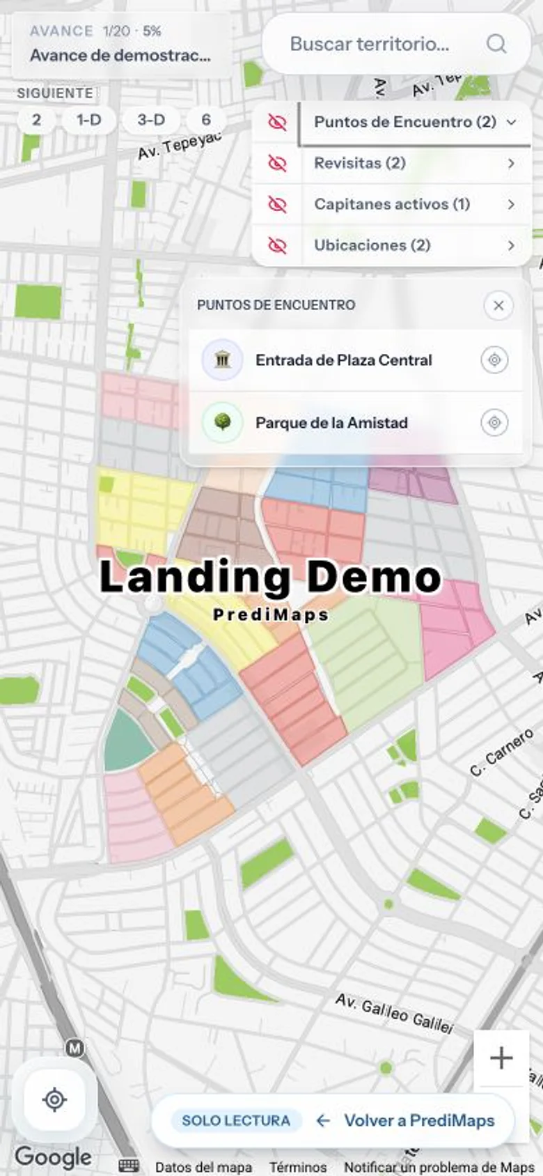 Panel móvil real de puntos de encuentro y referencias cercanas dentro del mapa de PrediMaps