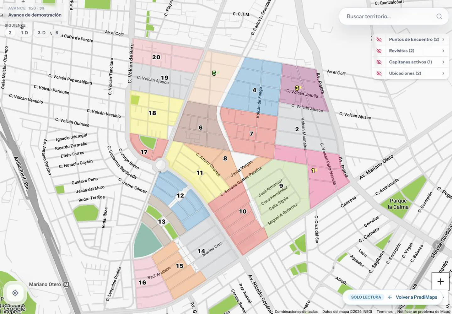 Mapa real de PrediMaps en tablet con avance activo y siguiente zona sugerida