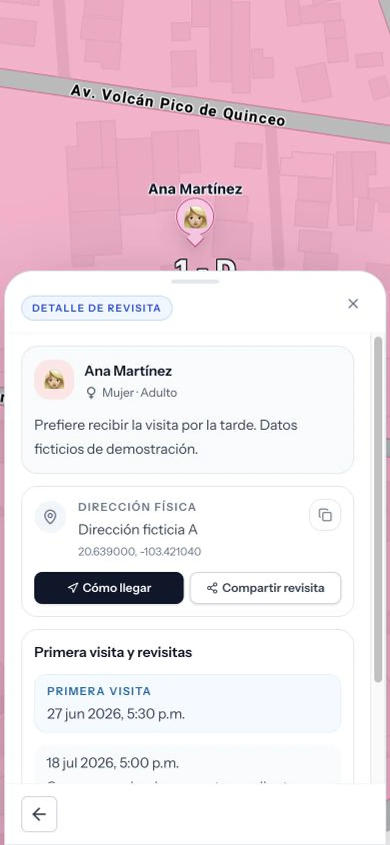 Detalle real de una revisita abierta dentro del mapa del territorio en PrediMaps